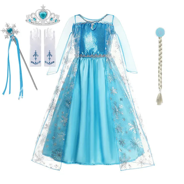 Girls Snow Queen Elsa Anna Kids Costumes For Girls 2024 Carnival Party Prom Gown Children Clothing Frozen Jasmine Princess Dress
