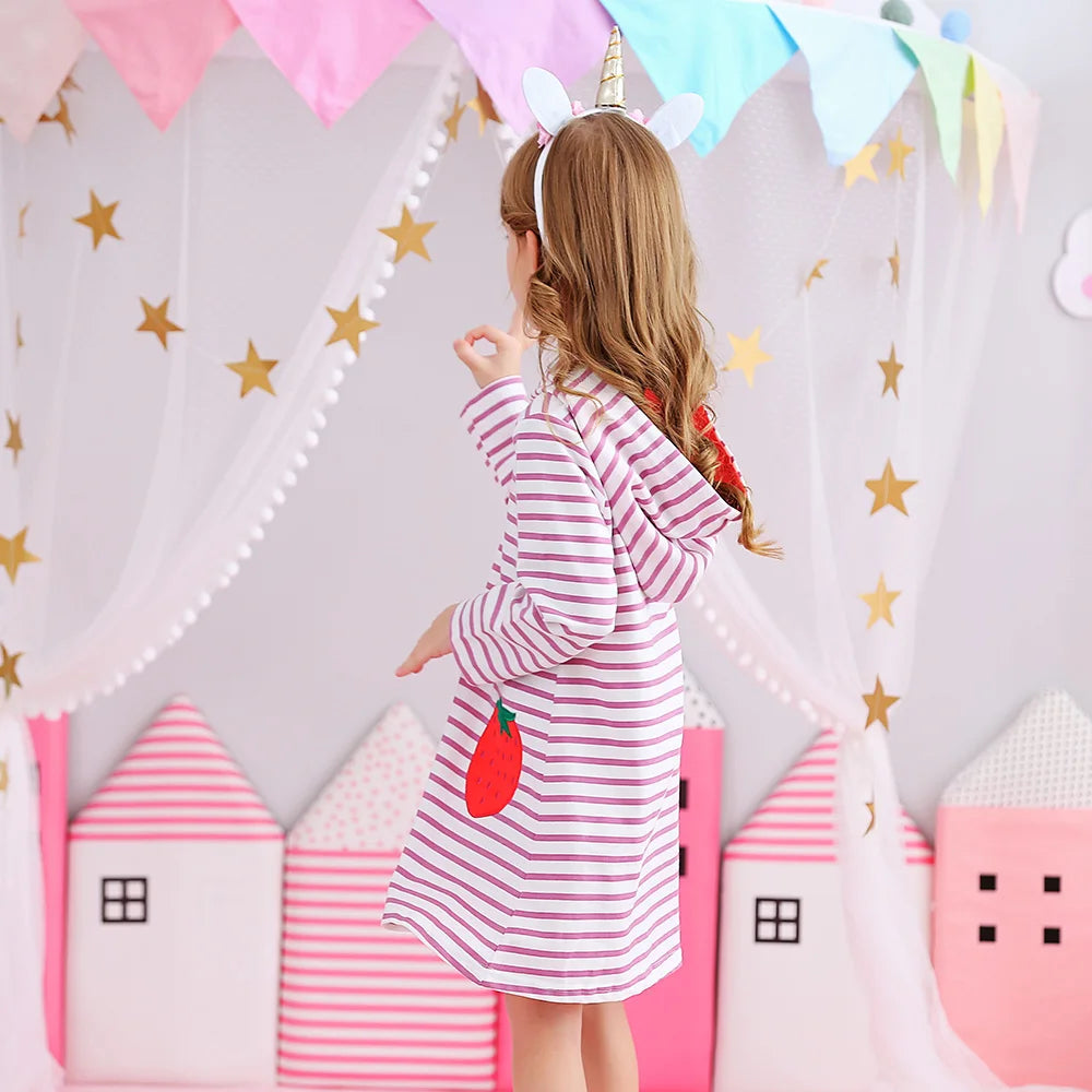 VIKITA Girls Autumn Hoodies Strawberry Pink Striped Straight Dresses Kids Sports Street Fashion Casual Cotton Hoodies Dress