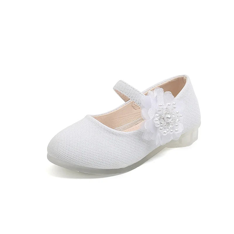 Korean Style Fashion Kids Beaded Little Flowers Leather Shoes Girls Princess Shoes Children Crystal Soft Bottom Dancing Shoes