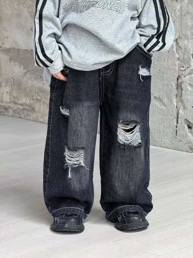 Kids' Korean Style Ripped Jeans Edgy Streetwear Pants for Toddler Boys & Girls Spring/Fall