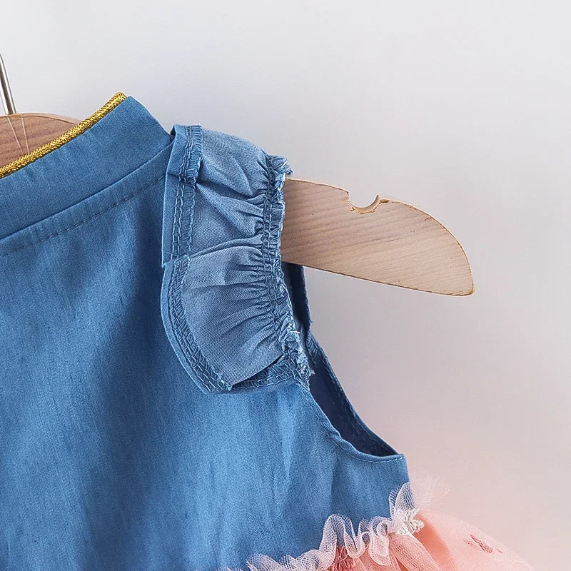 (Girls 0-3 Years Old)New Summer Girls Dress Small Flying Sleeve Bow Cowboy Work Pompous Past Polka Dot Color Sweet Princess Dres