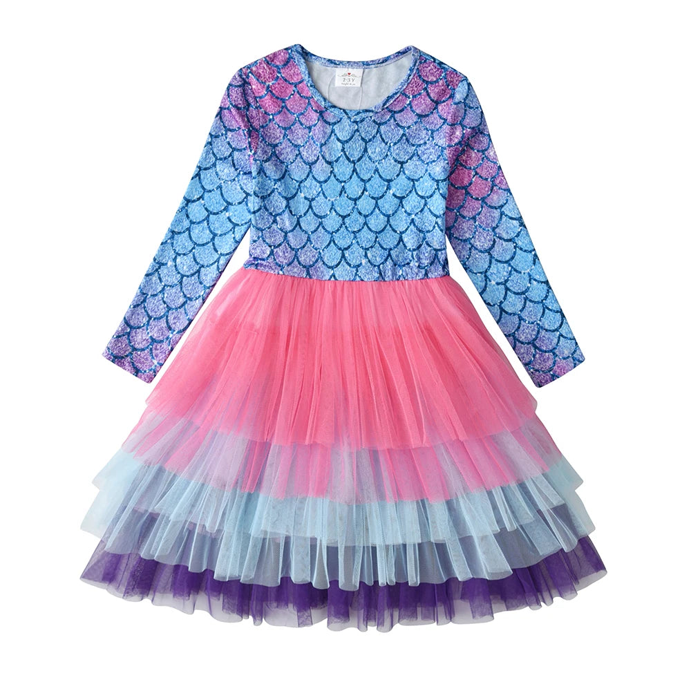 VIKITA Kids Long Sleeve Dress Girls Mermaid Print Dresses Kids Gradient Colorful Dress Girl Princess Layered Tulle Tutu Dresses