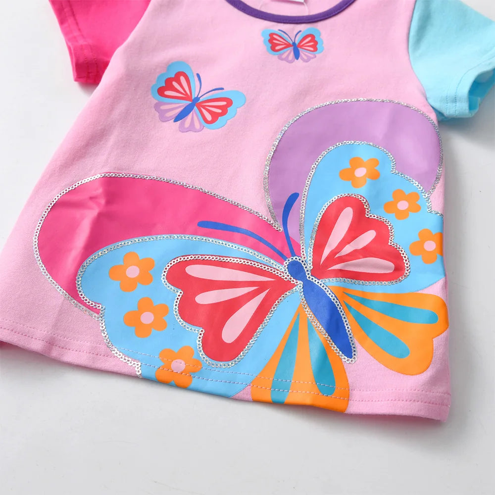 VIKITA Girls Tops and Tees for Summer Kids Butterfly Print Cartoon T Shirts Girls O Neck Short Sleeve Cotton Casual Daily Tees