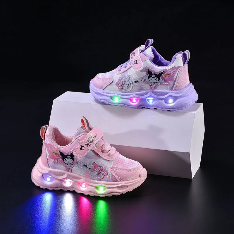 Kids'Casual Shoes Girls Led Light Cartoon PU Leather Spring Fashion Flat Bottom Anti-slip Soft Bottom Pink Purple Size 21-30