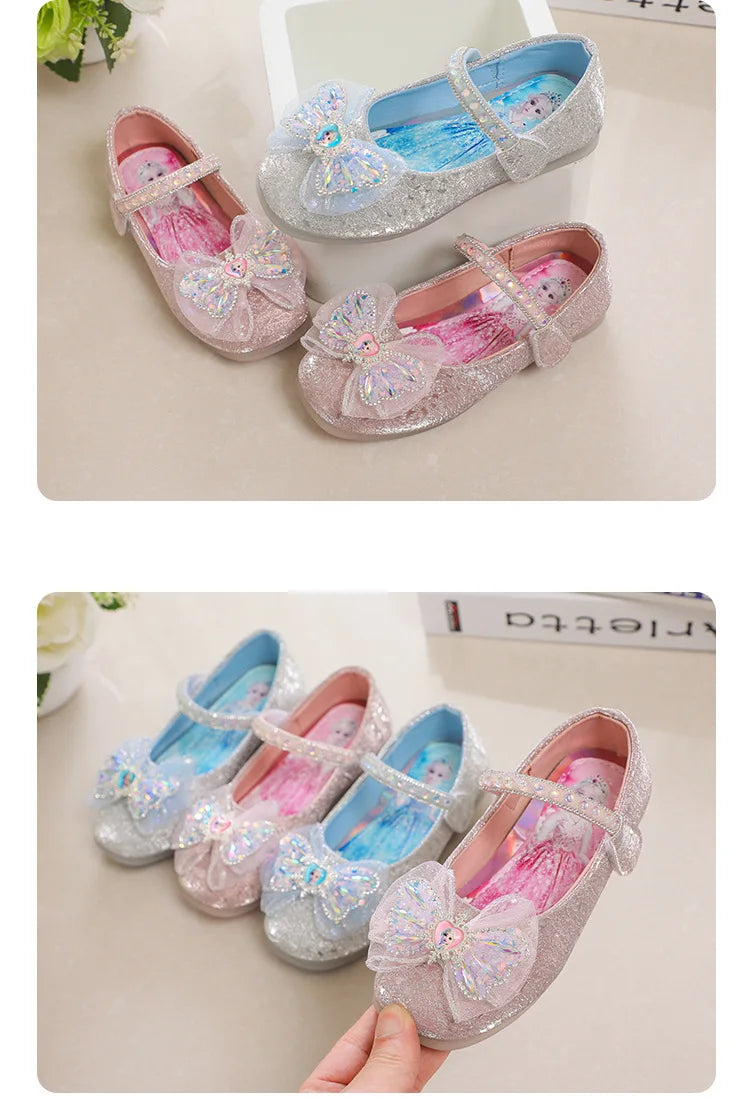 Kids'Casual Shoes Elsa Princess Frozen PU Leather Crystal Bow Spring Shoes For Girls Anti-slip Pink Blue Shoes Size 26-36