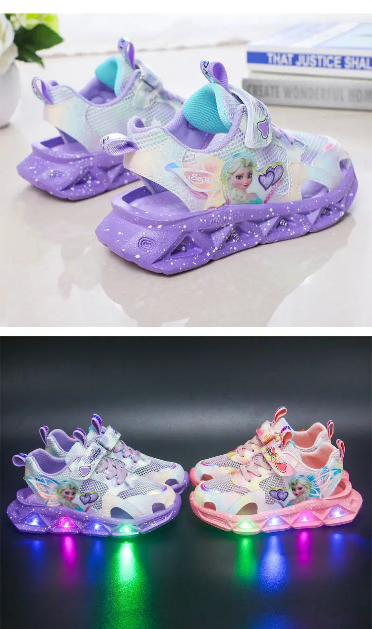 Disney Children's Sandals Women's Summer Girls' Sandals Led Lights Kids' Baby Princess Elsa Beach Pink Purple Shoes Size 22-37