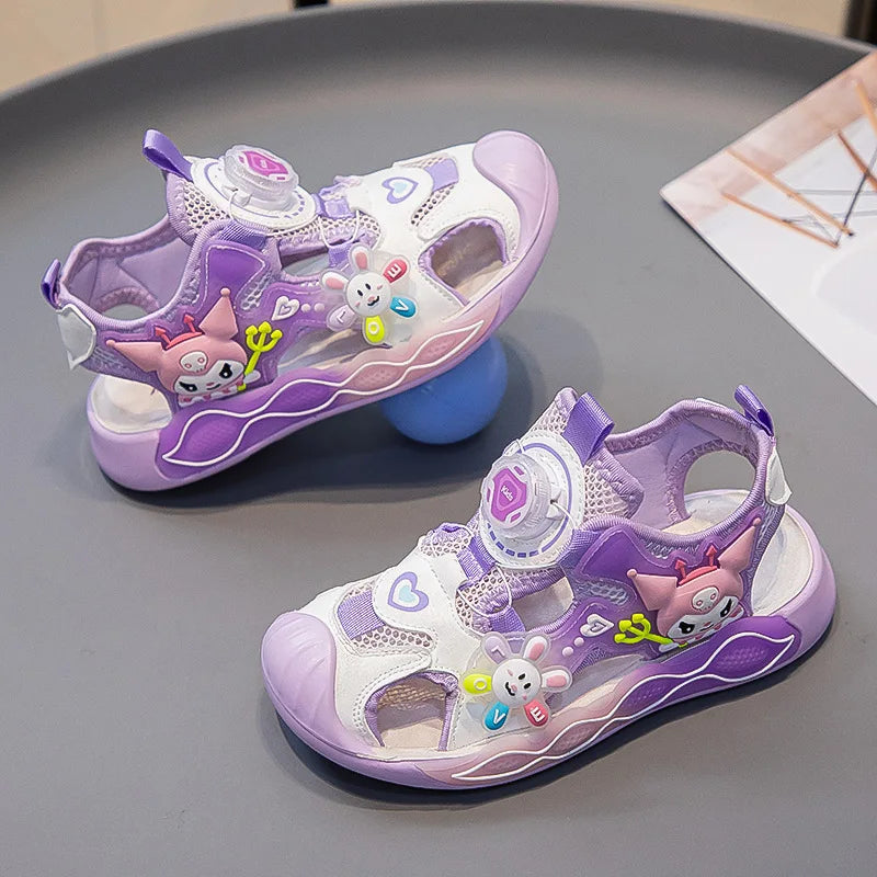 Sandals Girls Cartoon PU Leather Summer Fashion Outdoor Flat Bottom Breathable Anti-slip Pink Purple Size 26-37