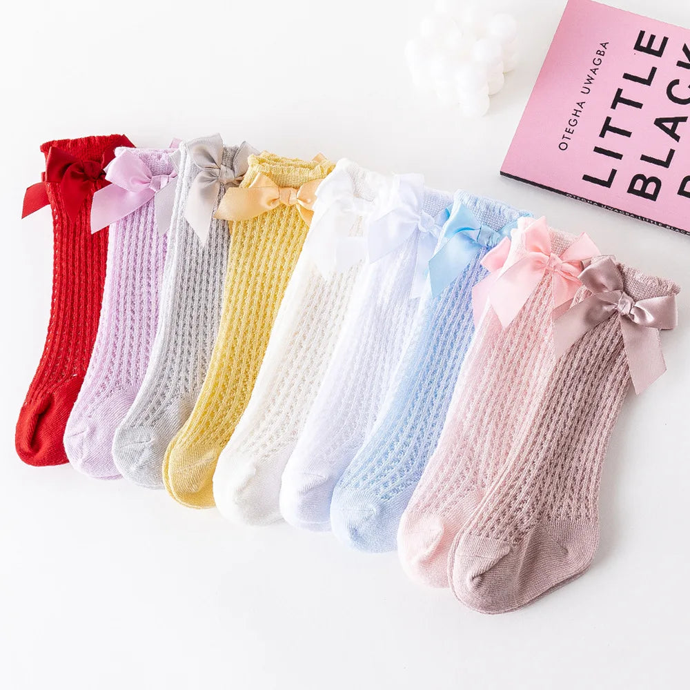 Limit quantity 0-2Y Children Girls Royal Style Bow Knee High Fishnet Socks Baby Toddler Bowknot Socks Kid Hollow Out Sock Sox