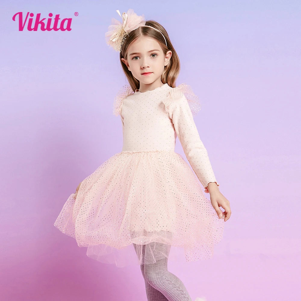 VIKITA Girls Knitted Dress Long Sleeve Autumn Spring Pink Dresses Girls Birthday Party Mesh Cotton Casual Dress Kids Clothes