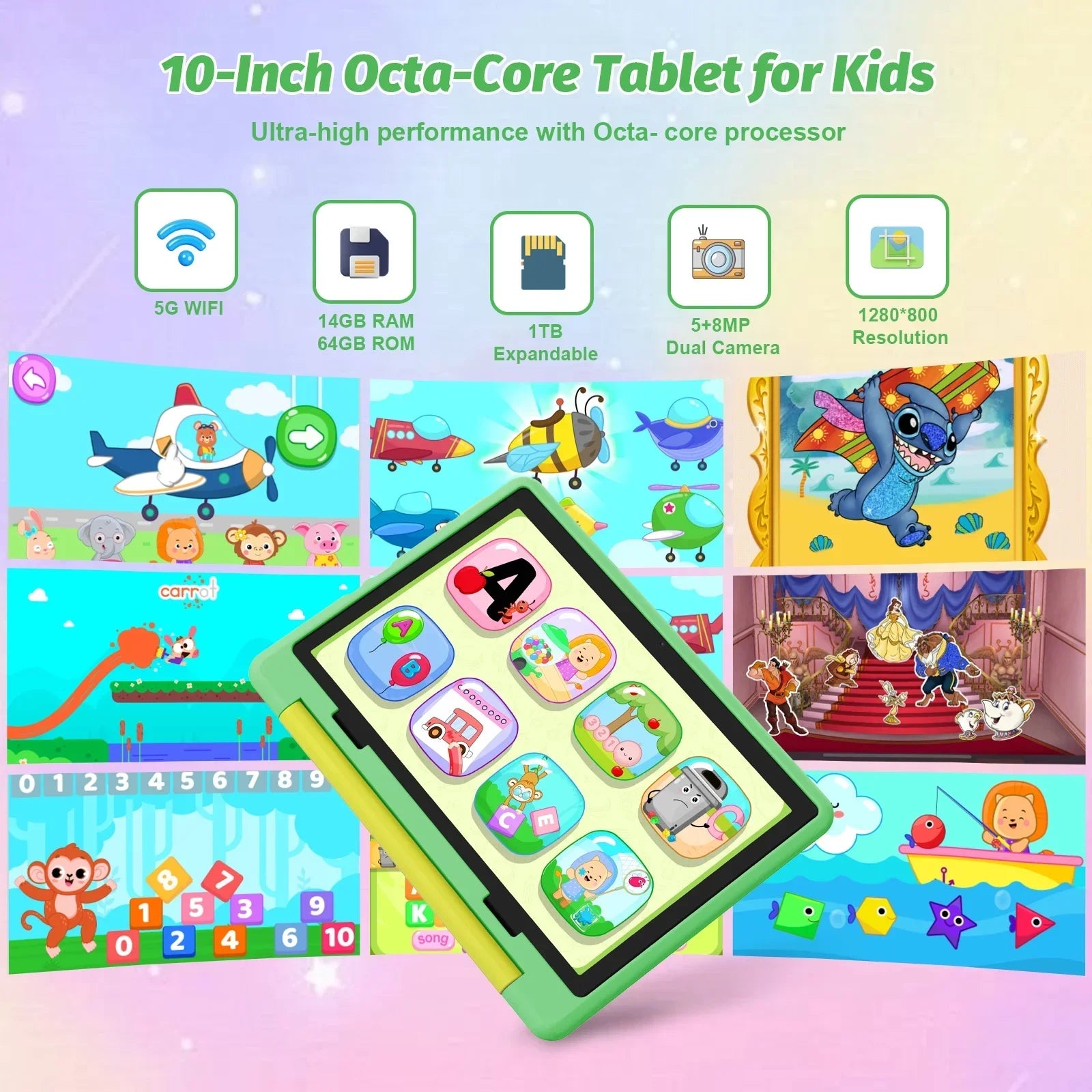 Kid Tablet 10 Inch Android 15 Octa Core 14GB RAM 64GB ROM 128GB Expandable 5000mAh WiFi Bluetooth Children's Gift Kids Software