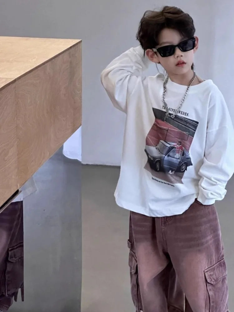 Loose Autumn Cotton T Shirt Child Korean Children's Clothing 2025 Kids Boys Clothes Long Sleeve Outdoor Tees Year Old Boy Wear