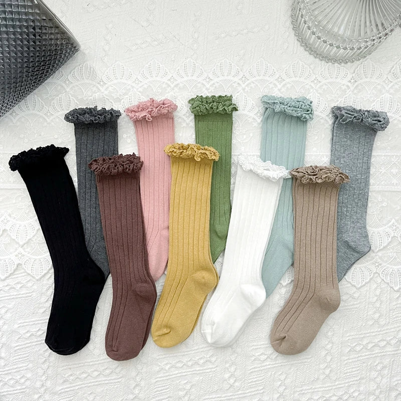 Ruffle Kids Knee High Socks Baby Girls Toddlers Long Soft Cotton Sock Lace Flower Children School Uniform Socks For 0-8Years
