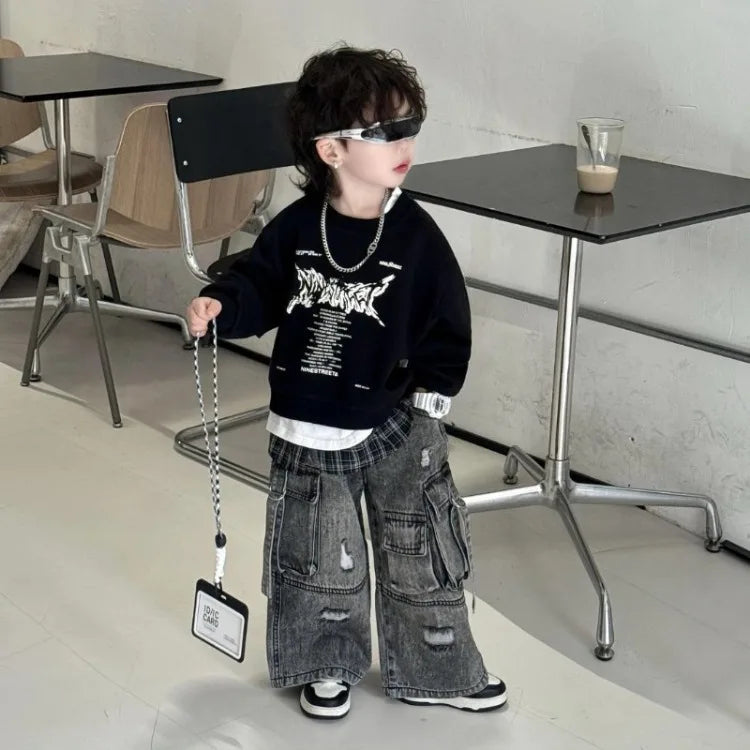 Boys' 2025 Spring New Fake Two-Piece Color-Blocked Korean Style Dashing Stylish T-Shirt