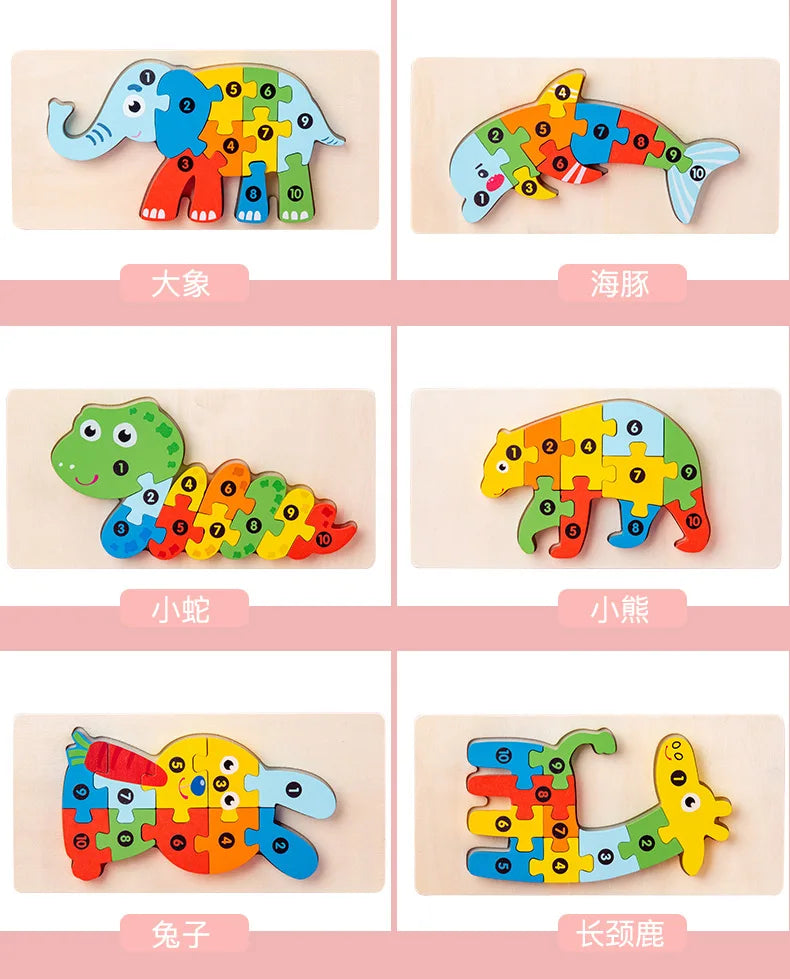 3D Stereoscopic Montessori Wooden Puzzle Cartoon Dinosaur Animal Shape Color Cognitive Educational Game Toy Kids Birthday Gift