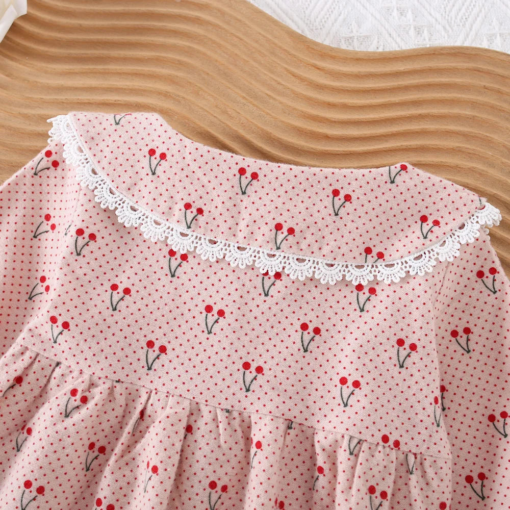 0-3 Year Old Baby Girl Dress, Spring And Autumn New Sweet Bow Cherry Long Sleeved Children'S Clothing