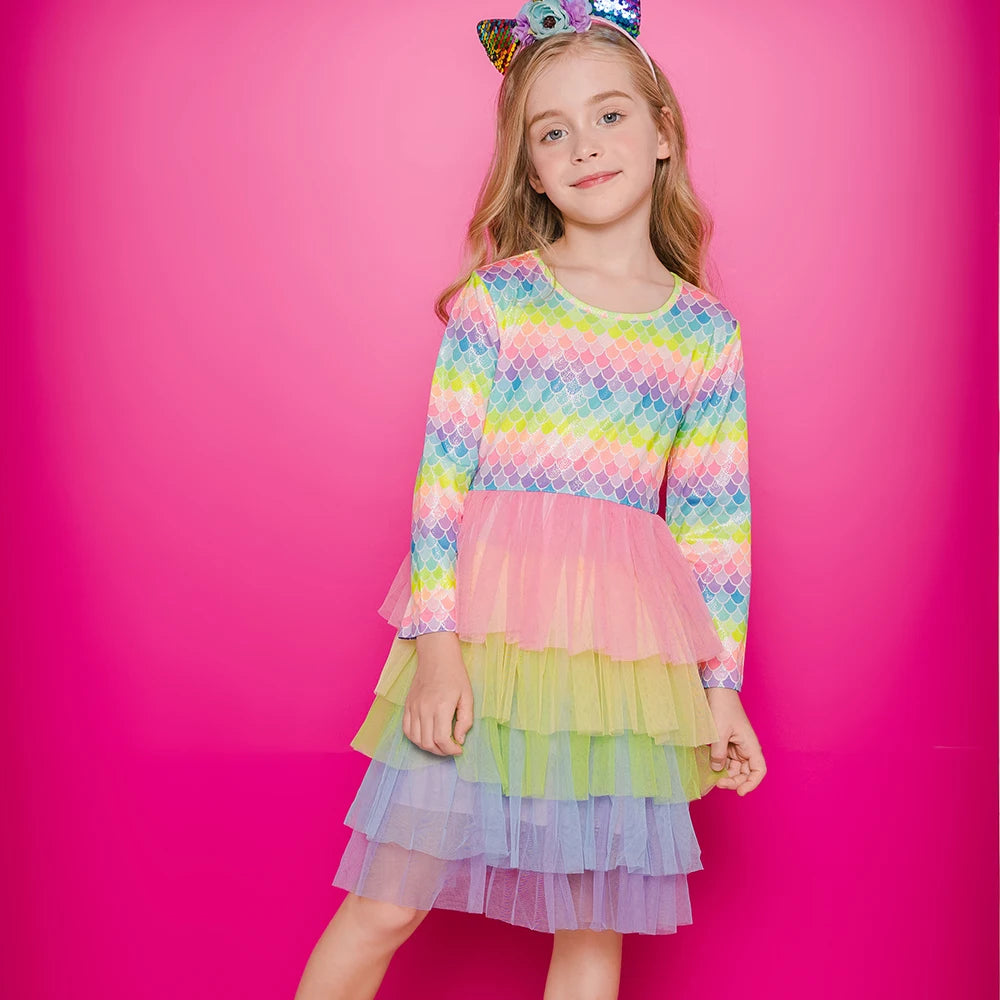 VIKITA Meerjungfrauen-Tutu-Kleid für Teenager und Mädchen, farbenfroh, gestuft aus Tüll und Netzstoff, Prinzessinnenkleid, Kostüm für Kinder von 3-12 Jahren