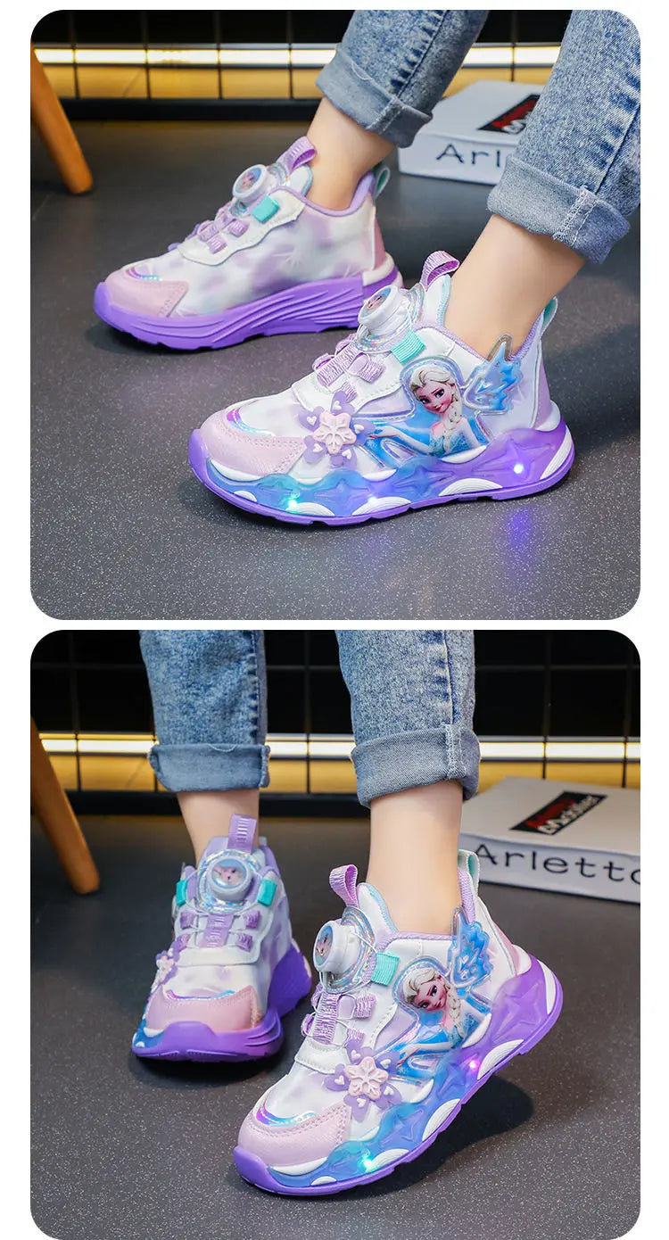 Disney LED Casual Sneakers Spring Girls Frozen Elsa Princess PU Leather Shoes Children Lighted Non-slip Pink Size 23-35