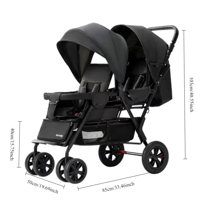 Large Double Stroller Sit Lying Foldable Portable Front & Rear Seat with Adjustable Backrest Canopy Double Brake Storage Basket