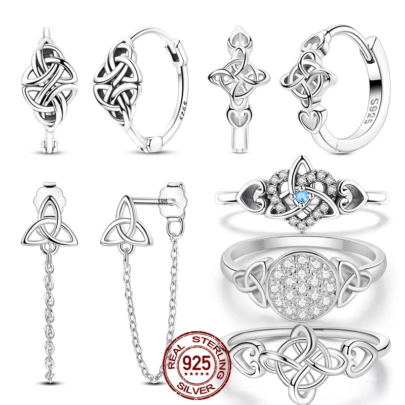 925 Sterling Silver Original Celtic Knots Charms Bead Earrings Ring Bracelet Necklace Series Jewelry Set For Women Men DIY Gift