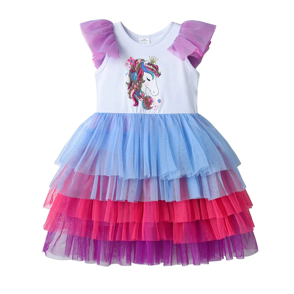 VIKITA Teenagers Girls Licorne Sequined Appliqued Cartoon Dress Kids Colorful Tiered Tulle Layered Tutu Dresses for Summer 3-12Y