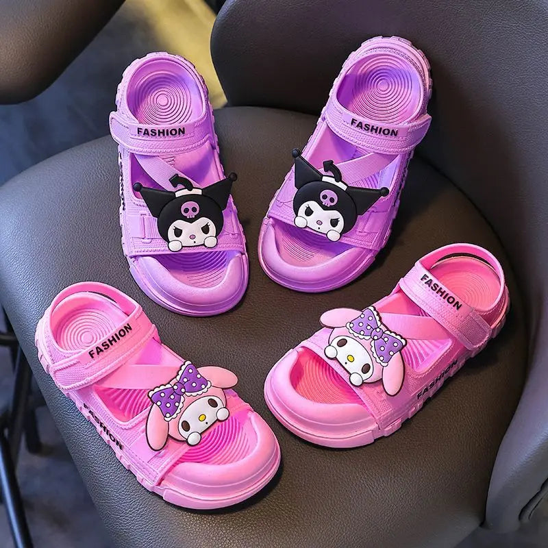 Sandals Girls Anime Kuromi Open Peep Toe Shoes Girly Summer Cute Cartoon Babys Purple Pink Slipper Kid Size 21-36