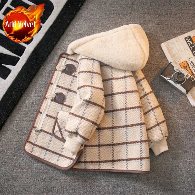 Boys Winter Wool Coat 2025 New Style Kids Thickened Fleece Lined Plaid Wool Jacket Thick Winter Clothing