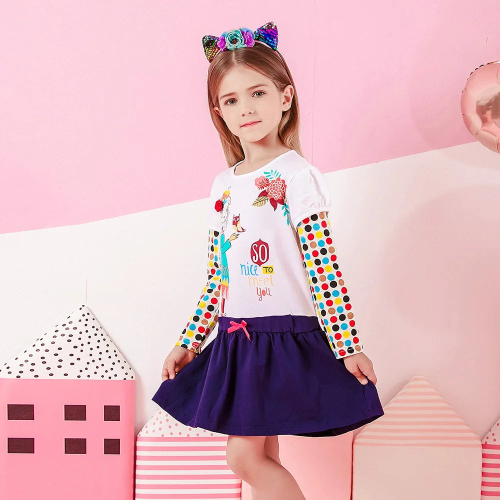 DXTON Girls Cotton Casual Long Sleeve Dresses Autumn Spring Children Polk Dot Cartoon Print Clothes Kids Patchwork Frocks Dress