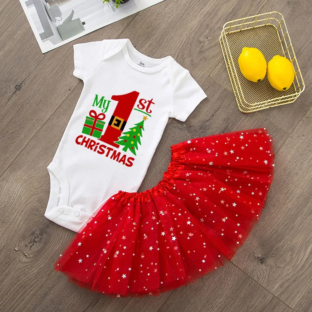 My First Christmas Newborn Girl Red Romper Jumpsuit Baby Girl Casual Short Sleeve Toddler Cake Dresses Christmas Best Gifts