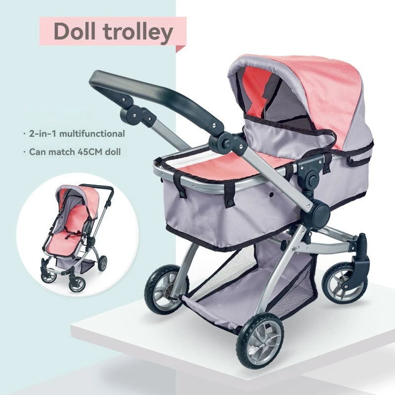 2-in-1 Baby Doll Stroller with Canopy Storage Basket Doll Pushchair Trendy Pram Kids Pretend Play Toy Fits Dolls Up to 18"/45cm