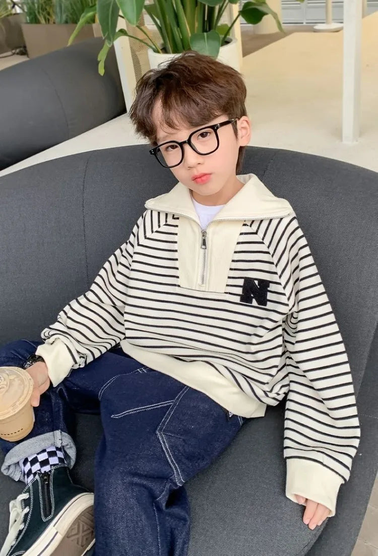 Boys' Medium-Large 2025 Spring/Autumn Korean Style Large Collar Black & White Striped No Hood Sweatshirt