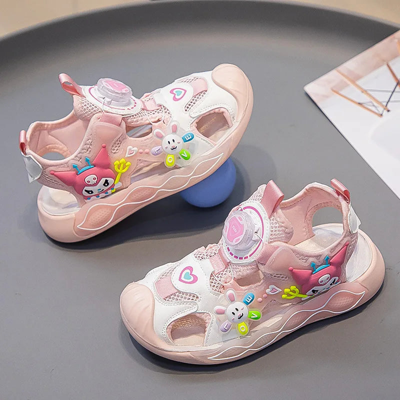 Sandals Girls Cartoon PU Leather Summer Fashion Outdoor Flat Bottom Breathable Anti-slip Pink Purple Size 26-37