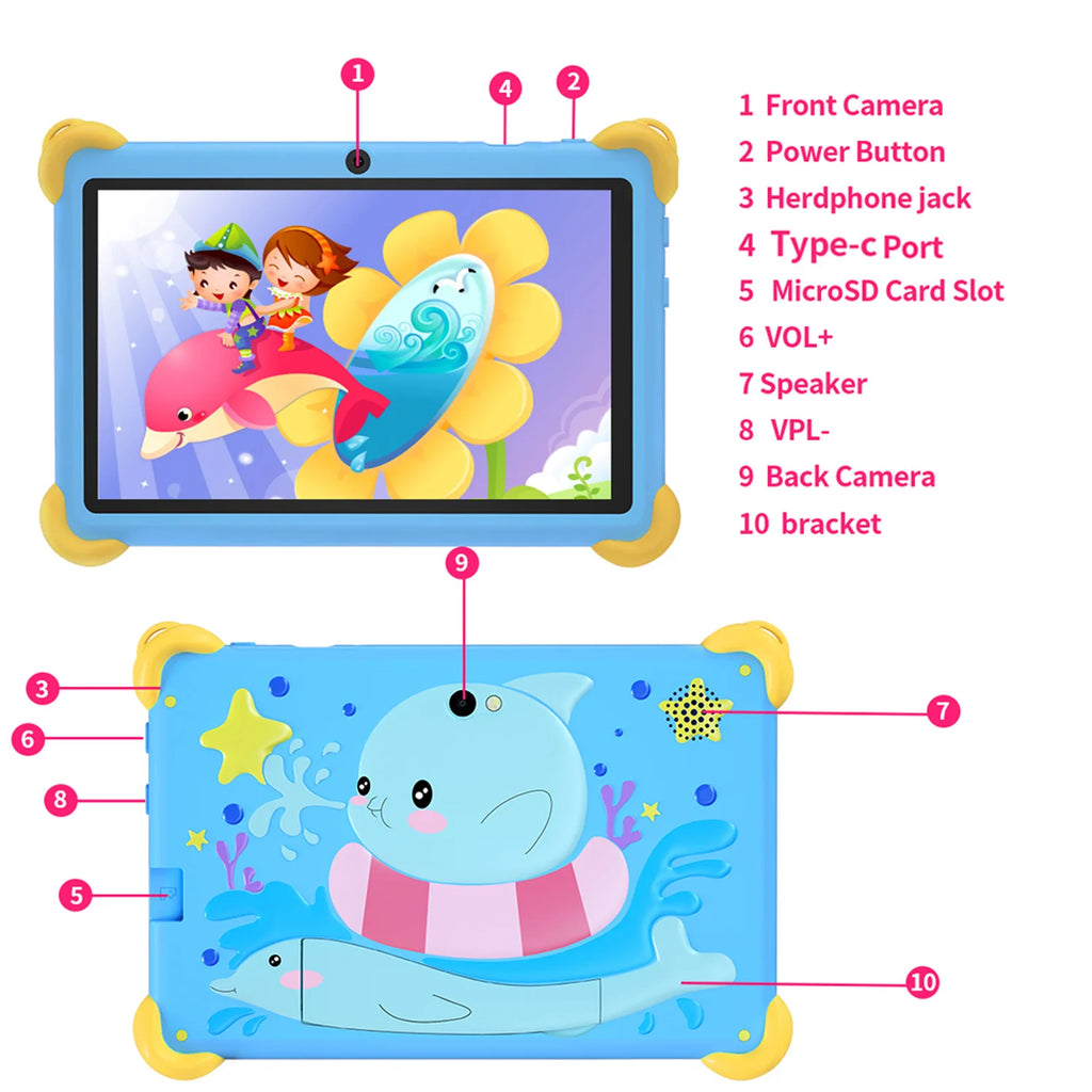 7 Inch 5G Kids' Tablet with Cartoon Pattern Android Learning Education PC with Kids-Proof Case 4000mAh Tablet
