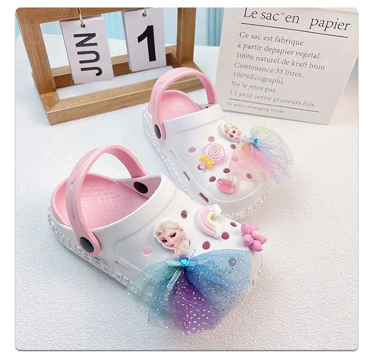 Disney Girls' Slippers Summer Princess Elsa Children's Girls Hole Shoes Summer Frozen Slippers Blue Pink Shoes Size 24-40