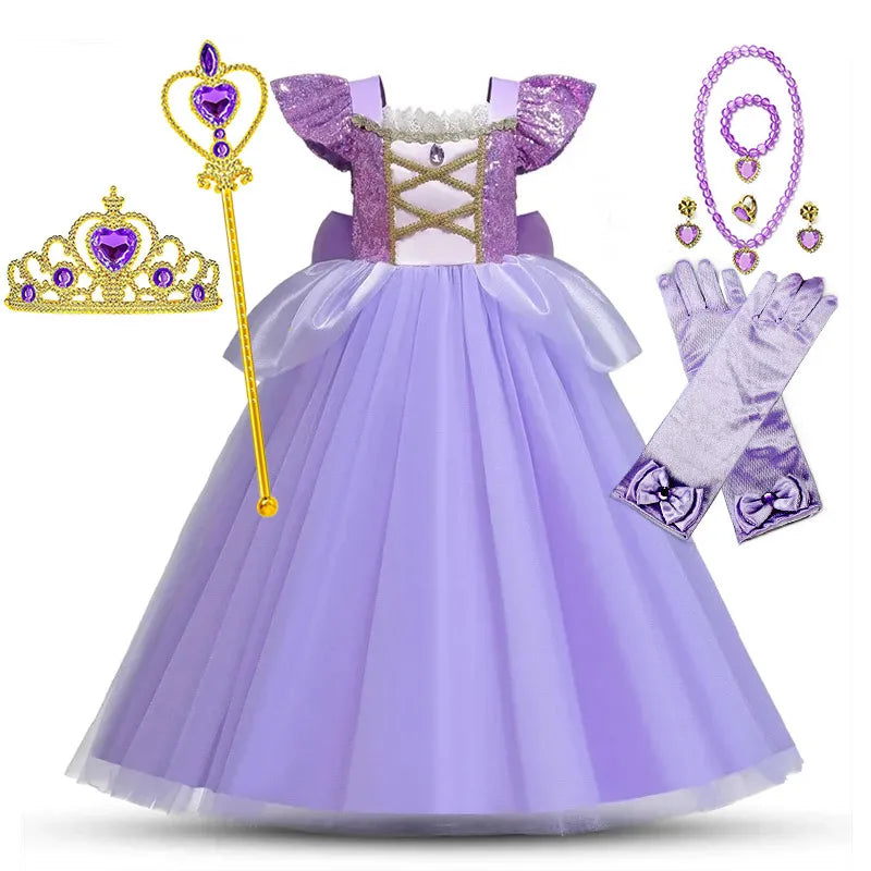 European and American Style Girl Princess Dress Rapunzel Apparel Ball Gown with Bow at Back Children Halloween Tangled Role Play