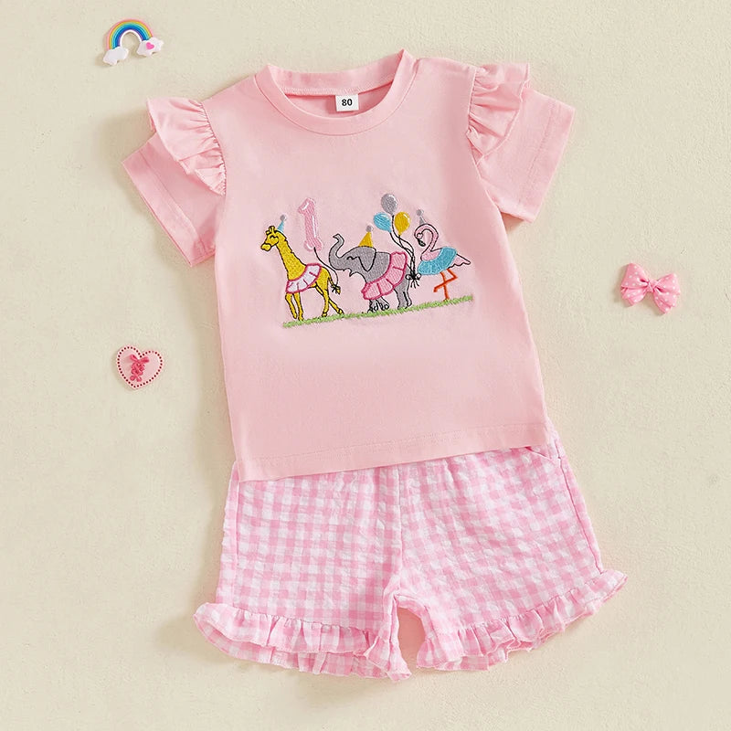 Toddler Girl Cute Unicorn Printed Short Sleeve T-Shirt and Denim Shorts 2-Piece Summer Outfit Set for 1st Birthday Party