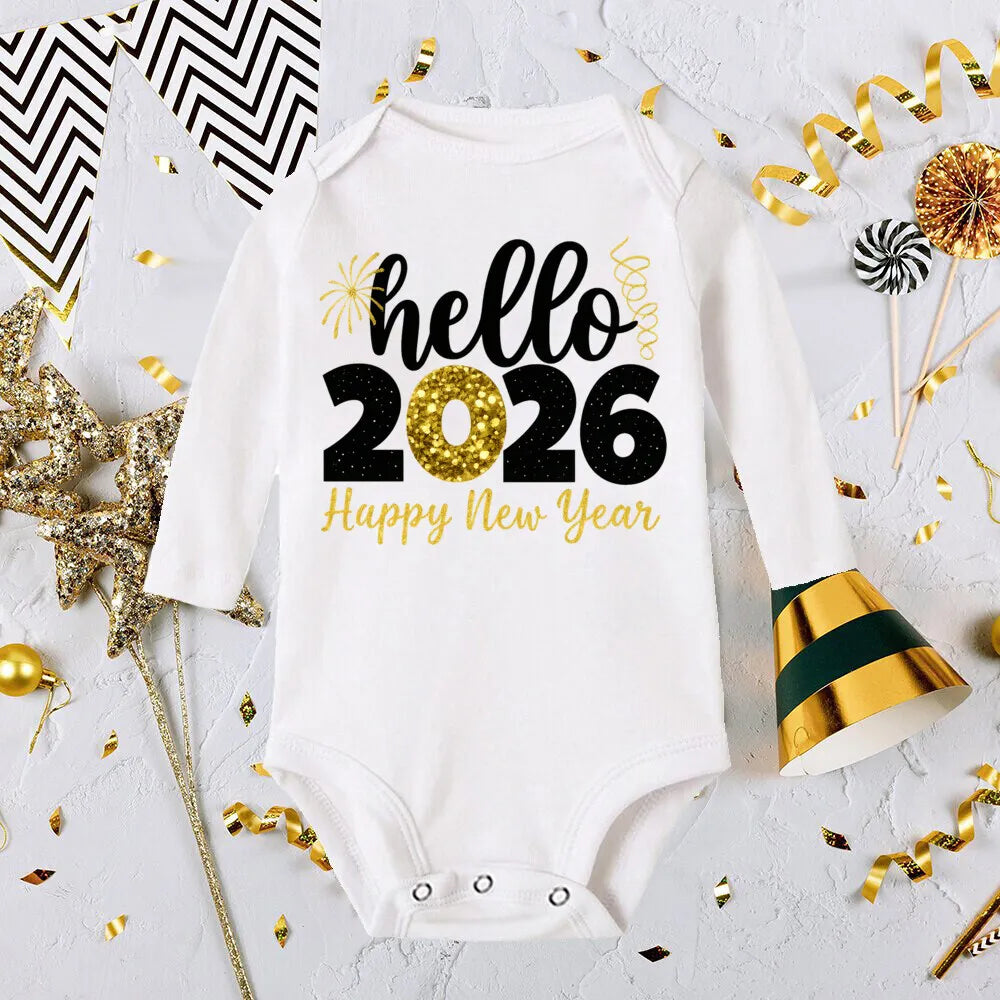 Hello 2026 Inant Romper New Year Baby Gift Toddler Long Sleeve Jumpsuit Boys Girls Clothes Newbron Shower Present