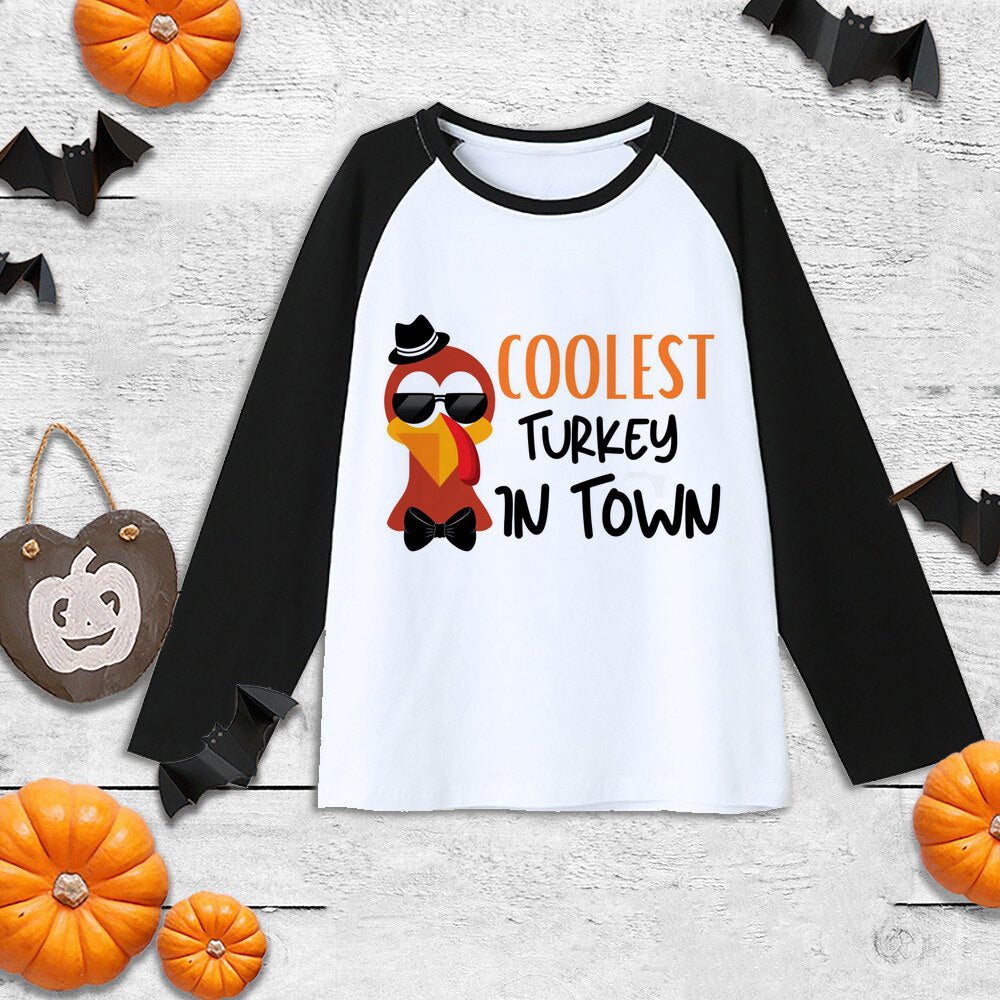 Thanksgiving Boys Girls Shirt Coolest Turkey In Town T-Shirt Kids Thanksgiving Cute Clothes Gift Tee Child Sibling Raglan Shirt
