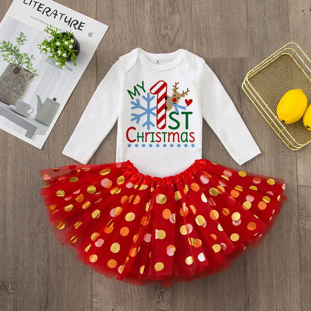 My 1St Christmas Baby Bodysuit Cake Dresses Set Infant Girls Long Sleeve Playsuit Tutu Skirts Clothes Toddler Xmas Party Outfits