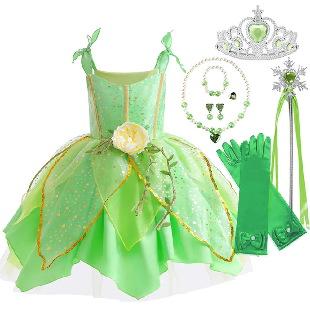 Disney Classic Elf Movie Tinker Bell Girls Play Fairy Dress Green Suspender Skirt With Wings and Flower Christmas Gift for Girls