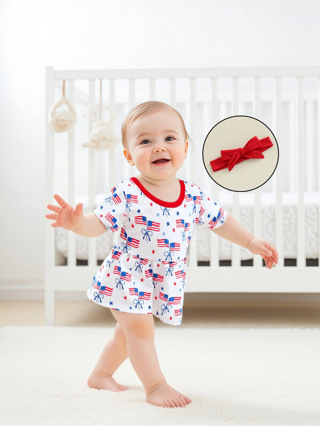 Infant Girls Patriotic Romper Dress with Bow Headband American Flag Print Short Sleeve Summer Outfit Jumpsuit for Independence