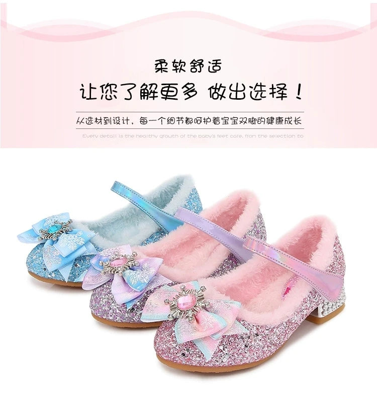 Disney Elsa Girls' High Heel Bowknot Blue Pink Fashion Children's Girl Crystal Princess Warm Winter Shoes Gift Size 23-36