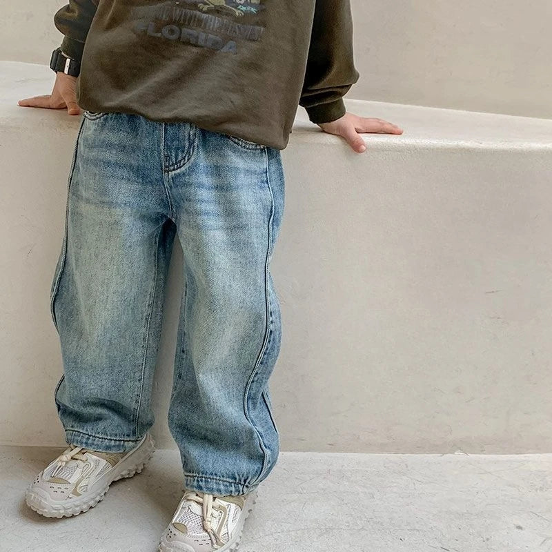 Boys' Korean Style Straight Leg Jeans for Kids - Spring 2025 New Vintage Blue Unisex Children's Denim Pants