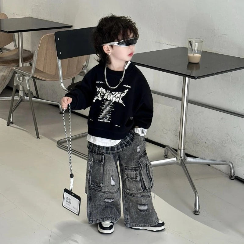 Boys' 2025 Spring New Fake Two-Piece Color-Blocked Korean Style Dashing Stylish T-Shirt