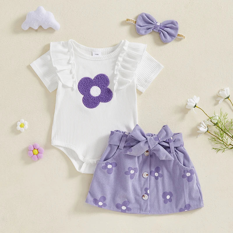 Adorable Baby Girl Floral Print Romper with Matching Skirt and Headband Set for Summer Outings and Photoshoots