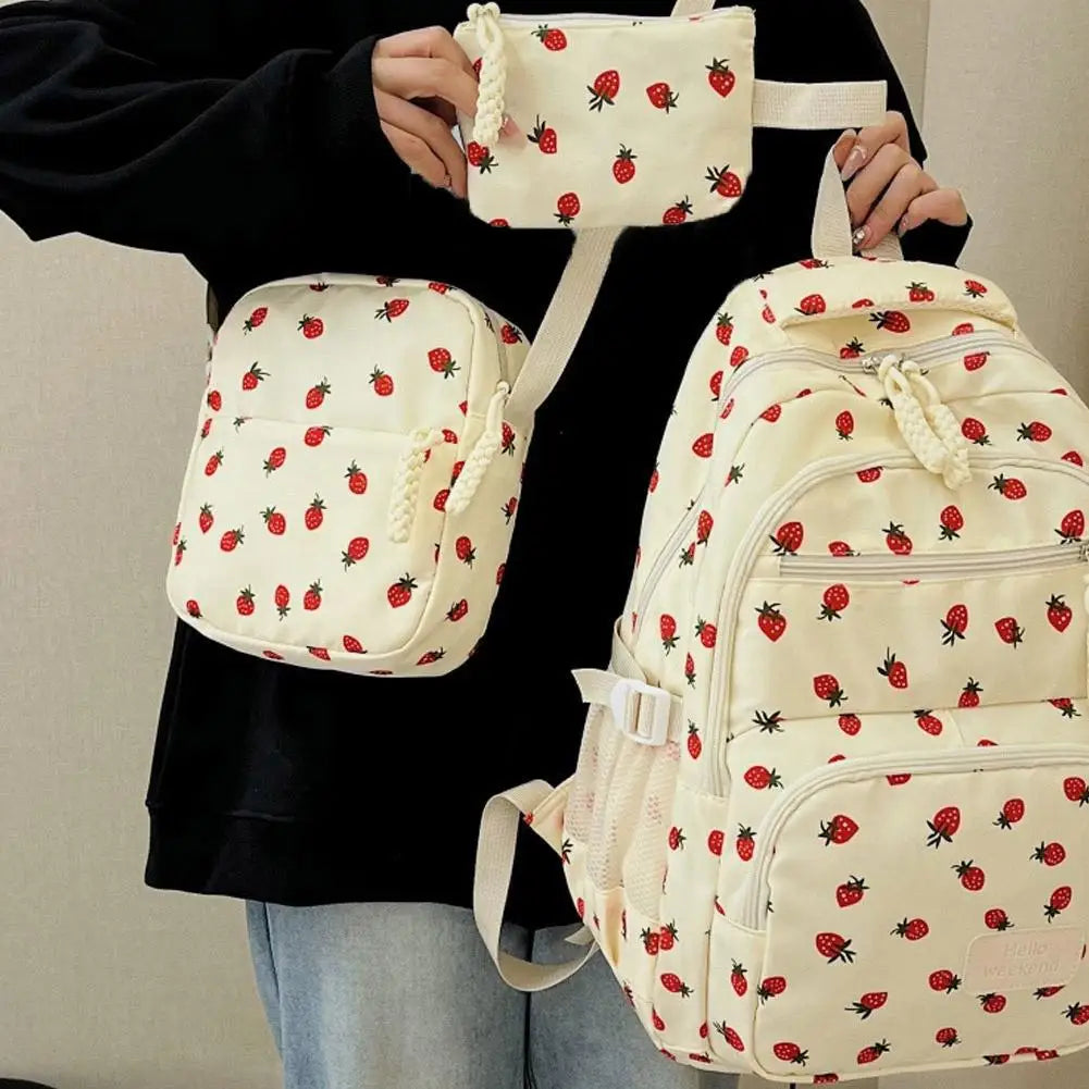 Corduroy Backpack three piece set Strawberry Print Daily Casual Backpack Niche Large Capacity Commuting Light Backpack