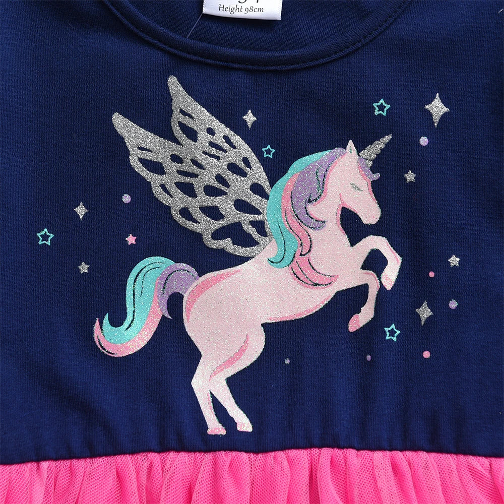 VIKITA Girls Navy Blue Pink Long Sleeve Dress Kids Sparkly Unicorn Print Tulle Mesh Fantasy Party Casual Princess Elegant Dress