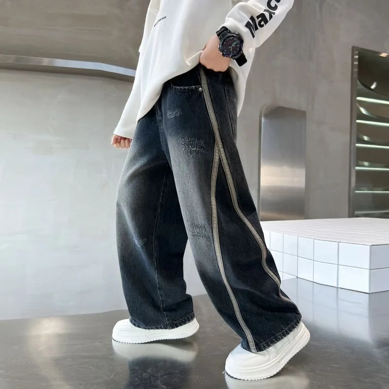 2025 New Boys Straight Jeans Big & Tall Kids Autumn Winter Denim Pants Boys Long Jeans