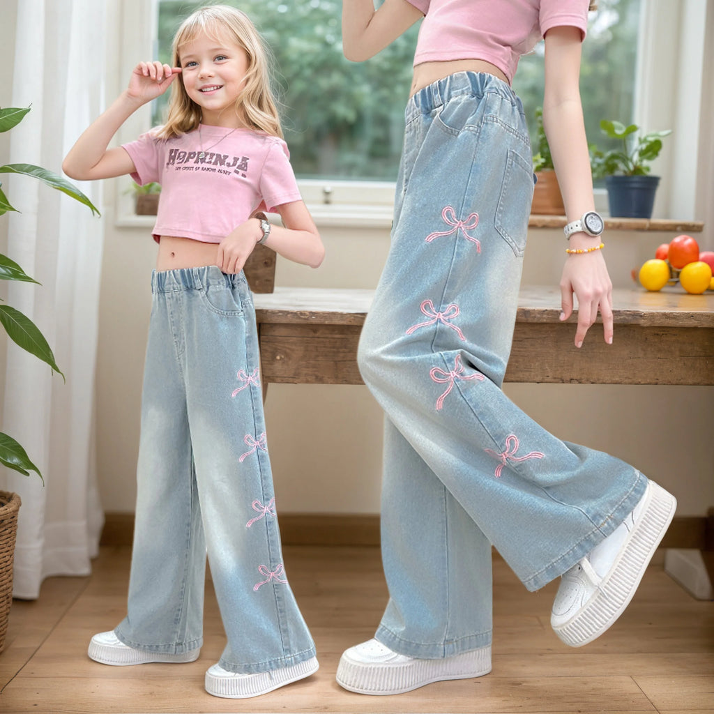 Girls' side pink bow embroidered wide-leg pants 2025 summer thin style slim straight pants suitable for outdoor 5-15 years old
