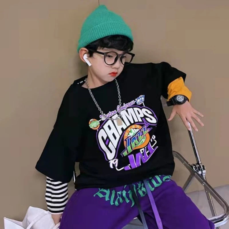 Fake Two Piece T Shirt Kids Korean Clothes Boys Wear Cartoon Children's Fashion Tops Boys' Child T-shirt T-shirts Boy Top 2025