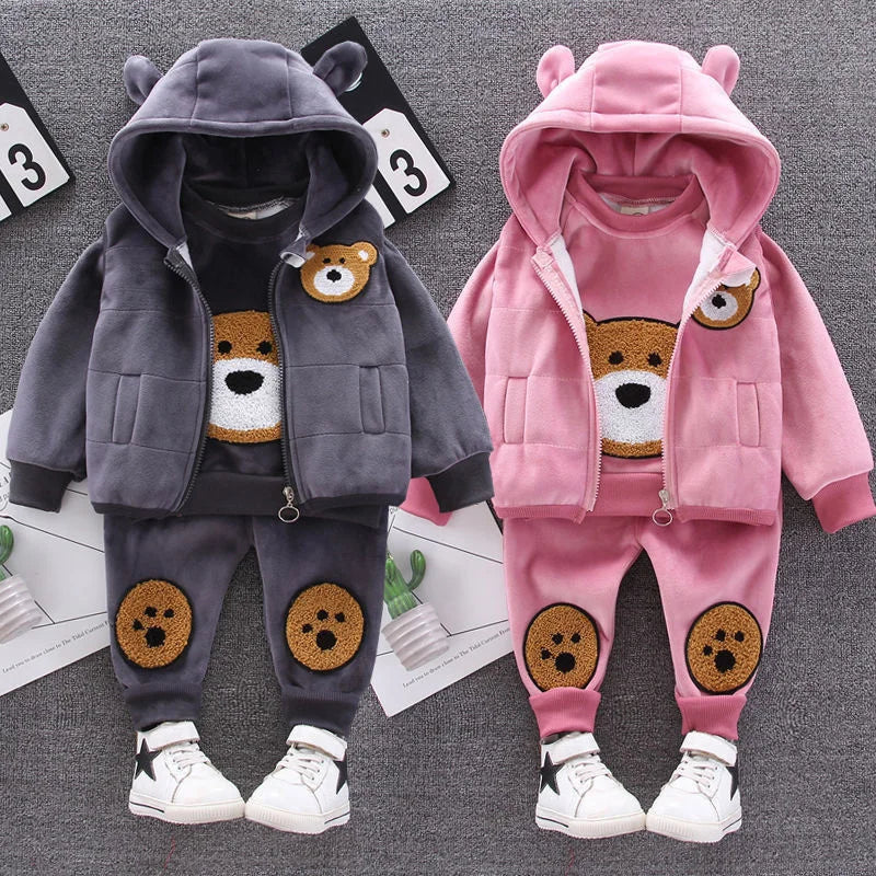 New Winter Baby Girls Clothes Suit Children Boys Thicken Warm Hooded Vest T-Shirt Pants 3Pcs/Set Toddler Costume Kids Tracksuits